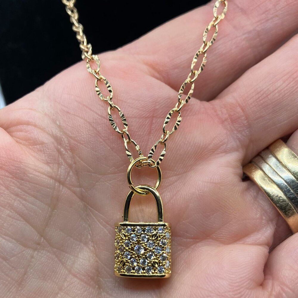 18k Real Gold-Plated Figaro Chain + Crystal LOCK Pendant Adjustable